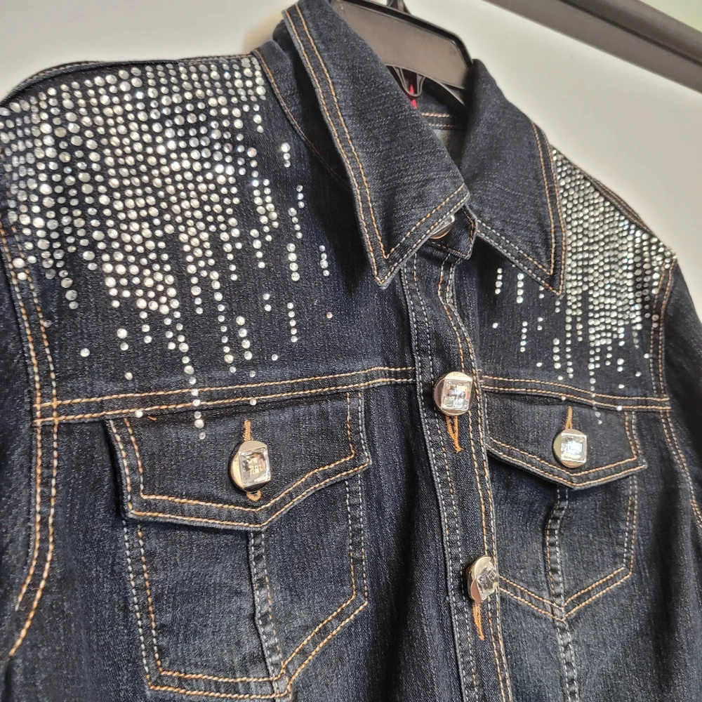 V Cristina Dark Wash DenimJean Silver Stud Jacket Large - Picture 2 of 11